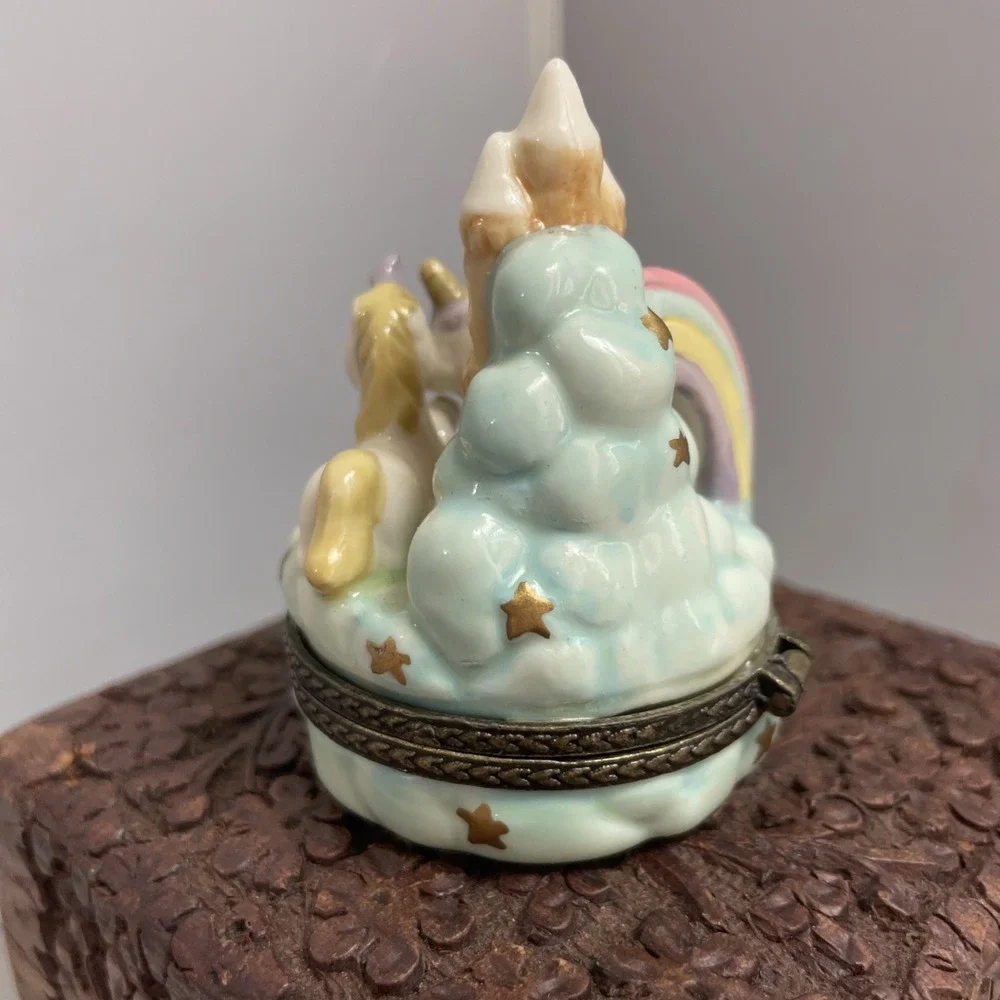 Unicorn Trinket Pill Box Hinged Castle Rainbow Cloud Star Adorable!